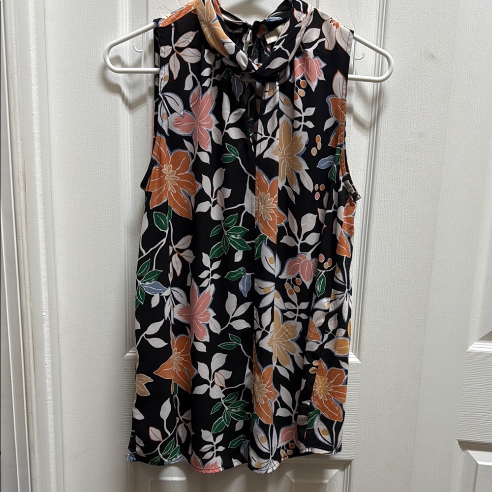 LOFT Mixed-Media Sleeveless Top - Black, Orange, Green